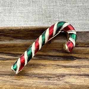 Vintage Candy Cane Brooch Red Green White Enamel Gold Tone Christmas 1.75"